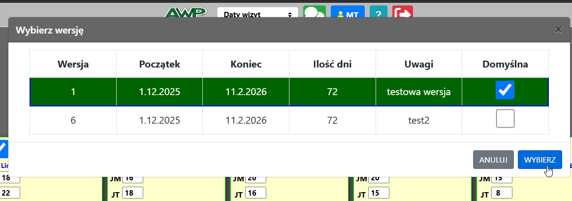 Lista wersji harmonogramów