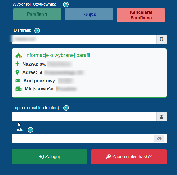 Fragment ekranu strony logowania Administratora w Aplikacji Wspierającej Parafie - login i hasło
