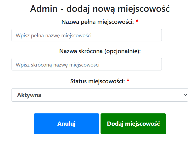Formularz dodawania miejscowości