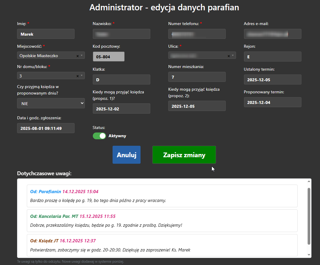 Formularz edycji parafianina