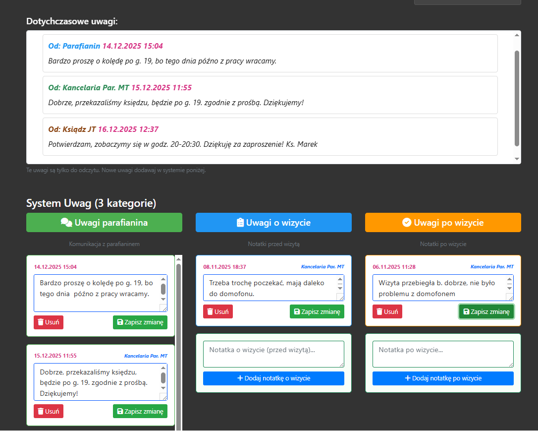 Zarządzanie uwagami na stronie edycji danych parafianina