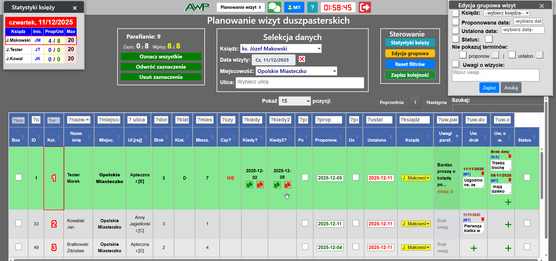 Panel główny planowania wizyt