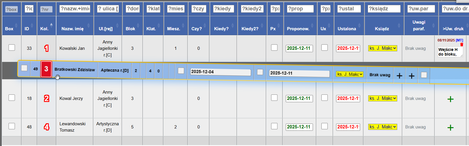Przeciąganie wierszy w tabeli