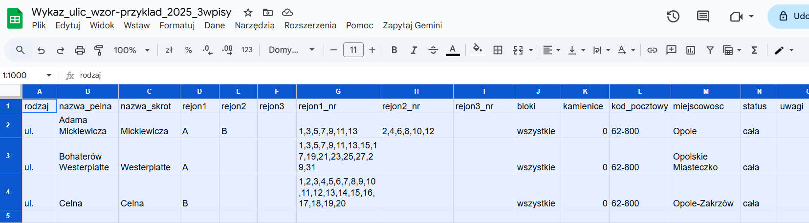 Przykładowy plik CSV w programie Excel