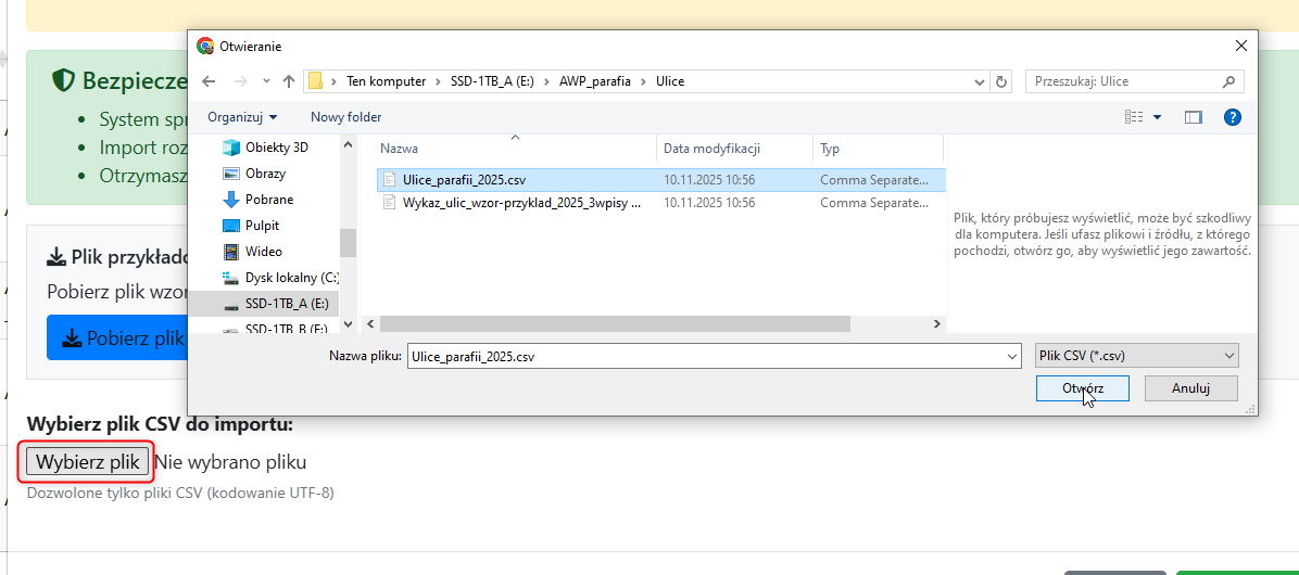 Okno z wyborem pliku CSV do importu