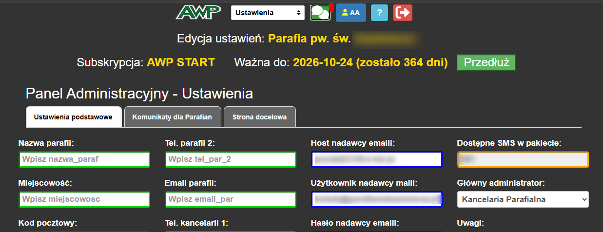 Zakładka Ustawienia podstawowe